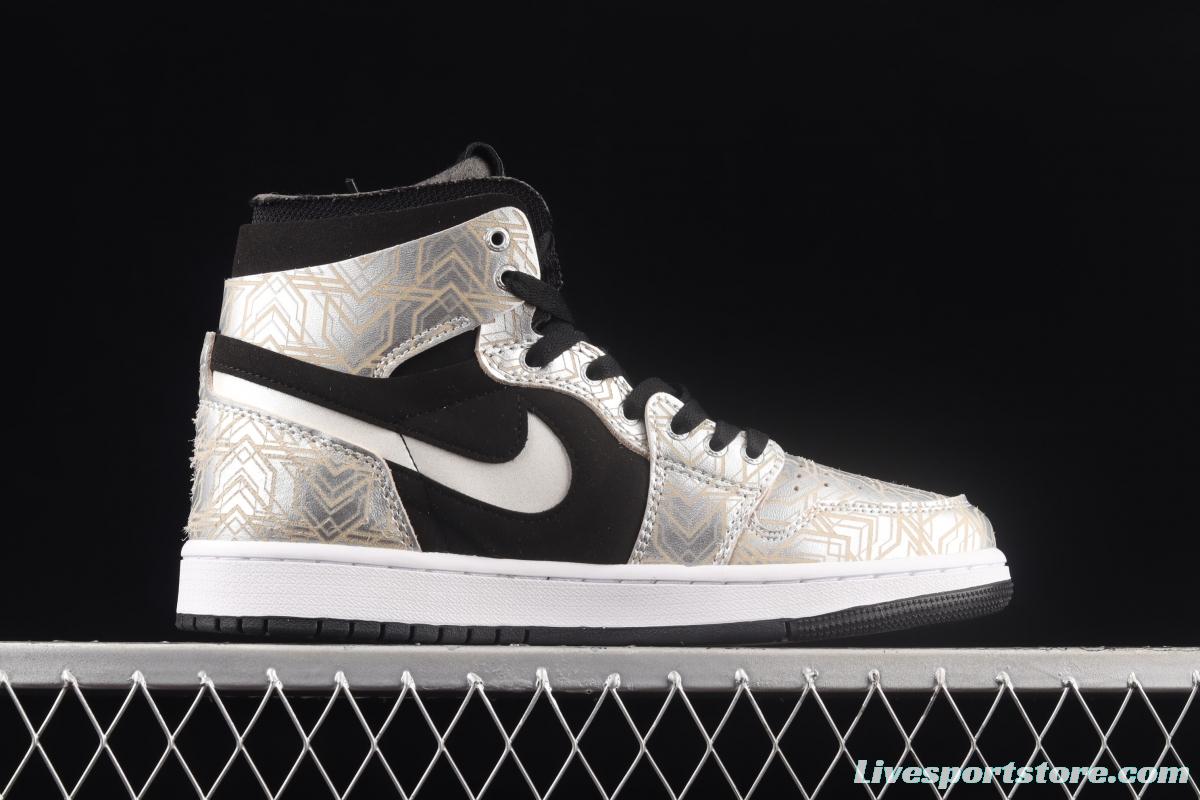 Air Jordan 1 Zoom CMFT black, gold and white hooked basketball shoes DQ0659-800