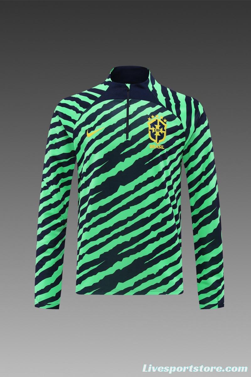 2022 Brazil Green Stripe Half Zipper Tracksuit