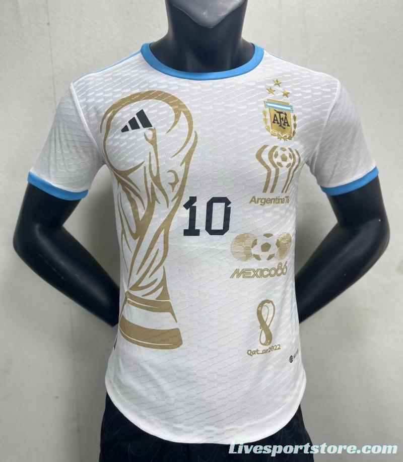 Player Version 3 Stars Argentina White Training Jersey With Number 10 Printing