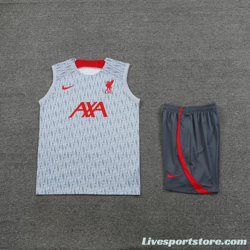 23-24 Liverpool White/Grey Grid Vest Jersey+Shorts