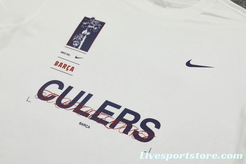 23/24 Barcelona White Cotton Short Sleeve Jersey+Shorts